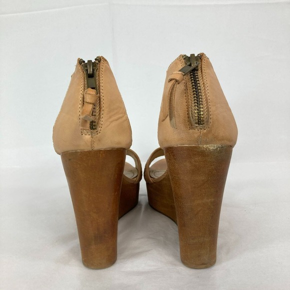 Rowen Sandals Womens‎ Sz 10 Beige Woven Leather Wooden Wedge Heel T Strap Zip - Picture 4 of 7
